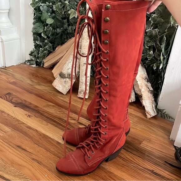 Jeffrey Campbell Sz 7.5 Free People Joe Tall Lace Up Boots Red Leather not suede - Picture 1 of 4